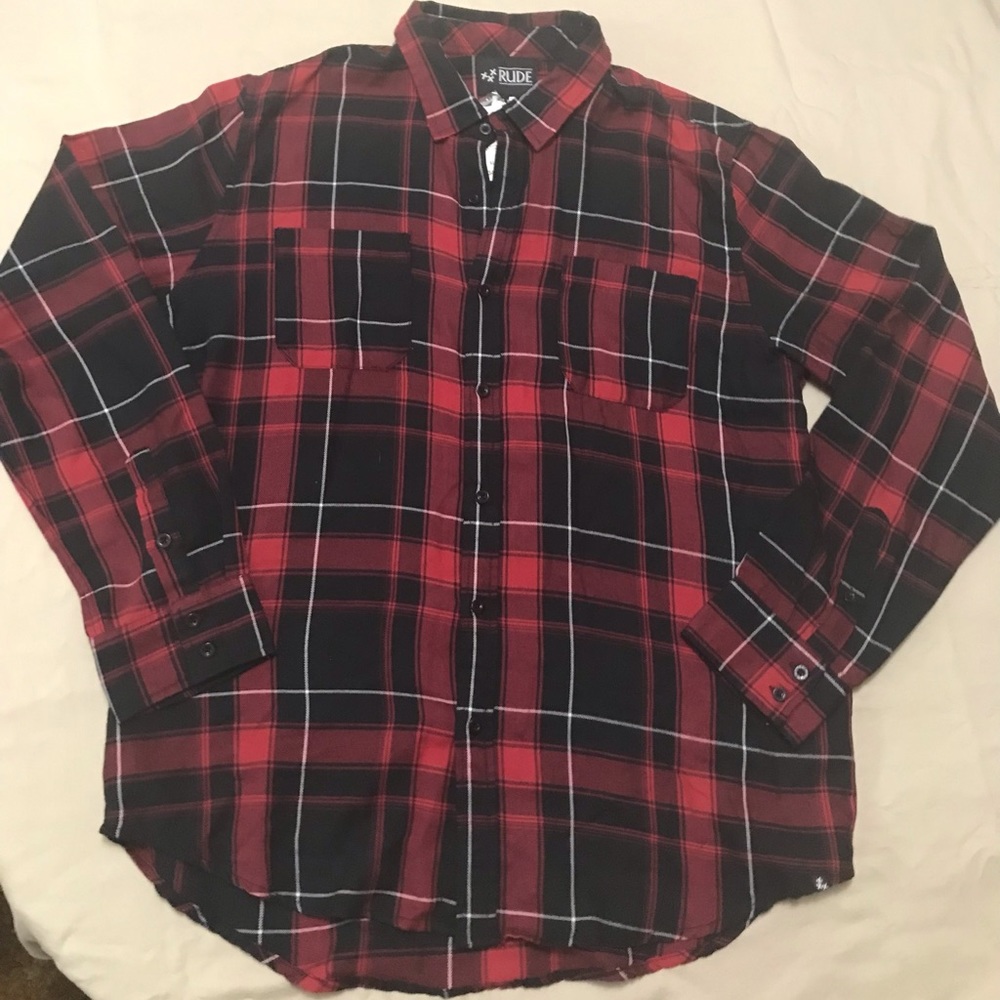 Rude Hot Topic men’s xl red black button up NWT